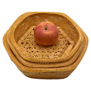 手工竹编镂空六角形竹篮水果零食收纳篮竹篓装饰摆放盘子家用特价