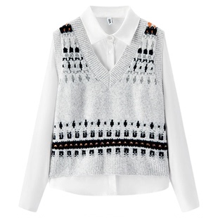 商场同款|森马长袖衬衫女冬费尔岛短背心磨毛衬衣2025新款两件套