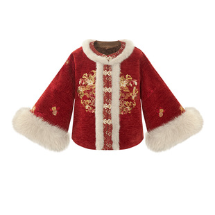 十三余童装【流丹怀雪】加绒大氅明制对襟昭君袄红色拜年服冬季