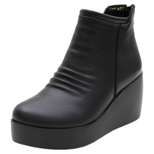 秋冬天女鞋子坡跟短靴女松糕厚底真皮软皮鞋舒适高跟百搭妈妈靴子