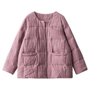 梭家｜古早松糕｜匈牙利进口95白鹅绒 紫粉色色织亚麻绗缝羽绒服