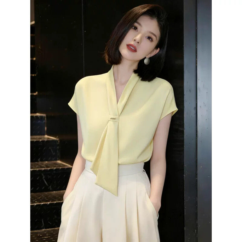 夏娃的女装清仓捡漏~奥特莱斯大牌欧货法式职业通勤风V领短袖飘带