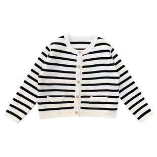 女童毛衣开衫外套2025春秋新款儿童韩版洋气宝宝黑白条纹针织上衣