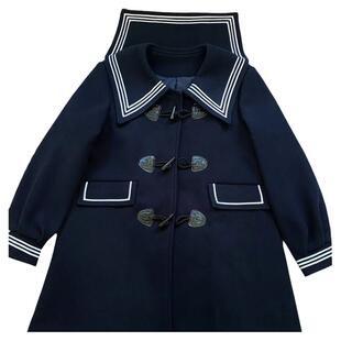 原创魔卡少女毛呢外套秋冬日韩学院风中长款海军领牛角扣加厚大衣