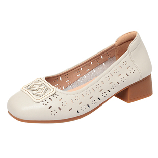 镂空凉鞋女士夏季鞋子真皮透气女鞋中跟单鞋中老年妈妈皮鞋洞洞鞋