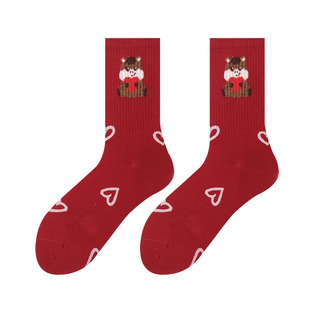 本命年红袜子女款秋冬纯棉中筒袜无骨可爱过年新年属马大红色长袜