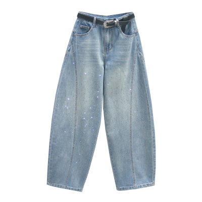 高腰弯刀牛仔裤女老爹阔腿镰刀裤