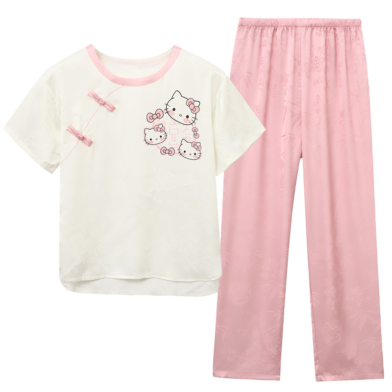 夏款冰丝短袖长裤卡通母女家居服