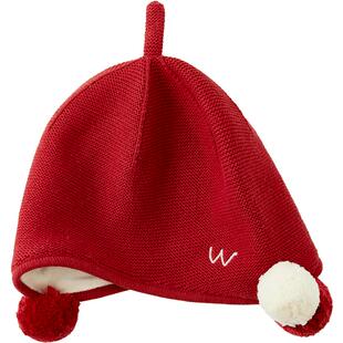 微狮牧尼宝宝护耳帽冬新年保暖防风婴儿过年拜年红色毛绒帽圣诞帽