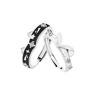 VIVIWELL可爱萌兔 闪钻925纯银闺蜜对戒小众设计轻奢小猫情侣戒指