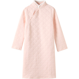 美标三层加厚夹棉保暖睡衣女秋冬中国风空气棉纯棉睡裙全棉家居服