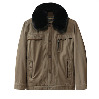 中老年加绒薄棉衣大毛领纽扣夹克