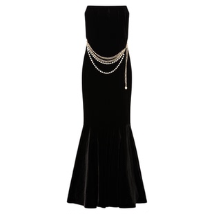 self-portrait 2025秋冬新款经典黑腰链抹胸丝绒鱼尾礼服连衣裙