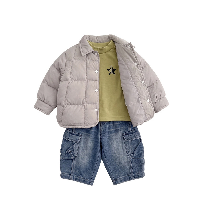 男童冬季卡通羽绒服牛仔裤三件套
