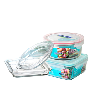glasslock进口带玻璃盖钢化玻璃保鲜盒圆形微波炉便当饭盒双盖子