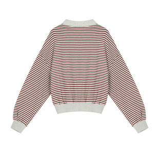 周里物/灰红条纹T恤女2025初春新款韩系休闲慵懒撞色衬衫长袖上衣