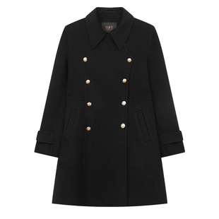 白鹿语100绵羊毛双面呢秋优雅双排扣翻领A字版型中长大衣女