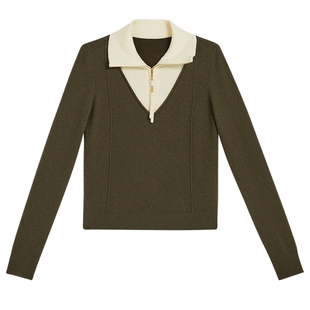 YINER音儿2025冬季新款撞色翻领假两件阿拉善羊绒羊毛混纺针织衫