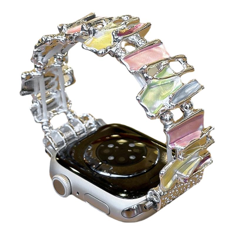 适用AppleWatch不规则方块弹力表带S9/10苹果手表一体金属链条表带iwatch新款8/7/6高级创意彩色SE代女款夏日