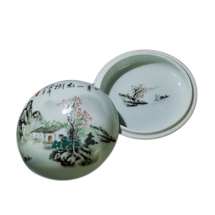 景德镇陶瓷印泥盒大码特大号山水仿古复古瓷缸篆刻印泥缸文房瓷盒