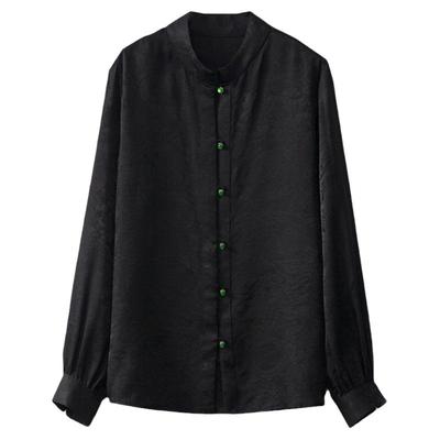 一丝牵 真丝提花花萝国风立领衬衫女桑蚕丝宽松长袖上衣衬衣秋