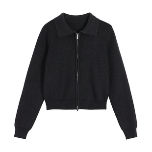 pusumede双拉链设计 翻领针织开衫女短款毛衣外套气质长袖上衣