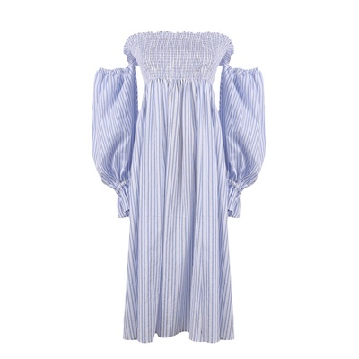法式蓝白条纹泡泡袖连衣长裙