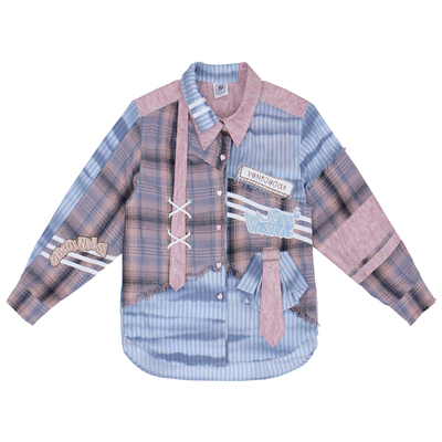 扎染条纹拼接流苏磨毛格子衬衫