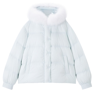 乐町清新蓝色系短面包羽绒服女装25冬季狐狸毛领保暖派克外套*