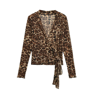 豹纹网纱系带收腰衬衫长袖弹力纯欲性感辣妹春夏外穿交叉绑带上衣