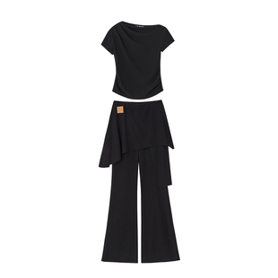 SOMESOWE 设计感短袖T恤套装女复古不规则斜肩上衣微喇裙裤两件套