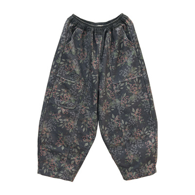 加绒加厚复古碎花阔腿九分牛仔裤