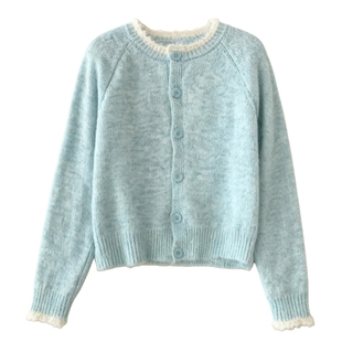 秋冬新款蓝色针织开衫撞色外搭上衣女2025简约韩系针织衫毛衣外套