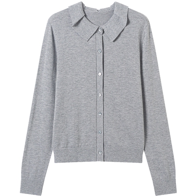 衣香丽影灰色翻领针织开衫女2026春装新款休闲减龄48支30羊毛上衣