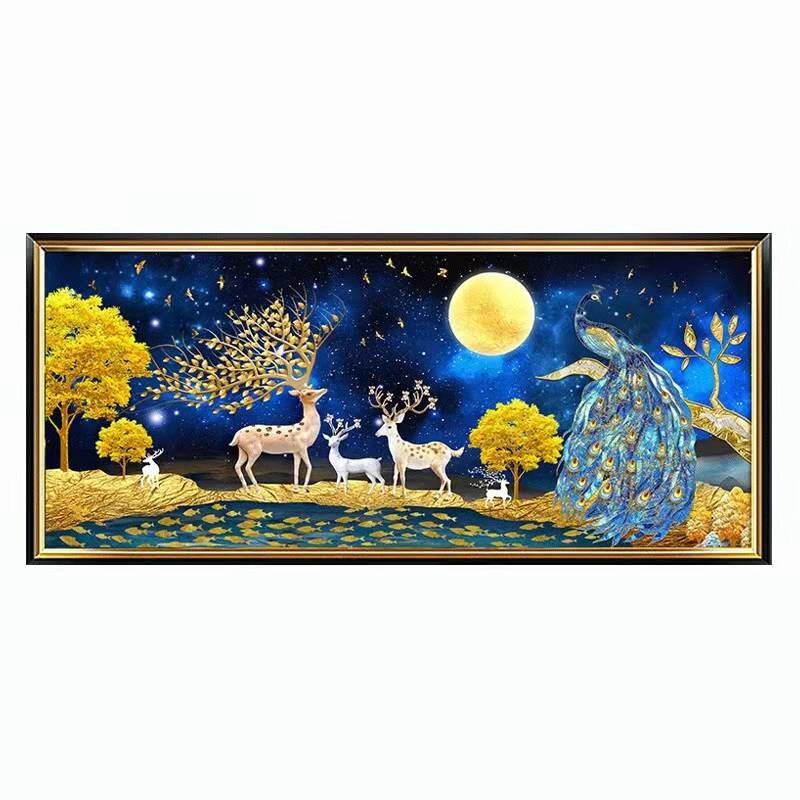 钻石画成品5D满钻新款发财鹿孔雀