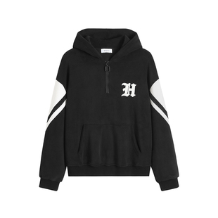 HIM汉崇 轻暖云感摇粒绒连帽卫衣男黑白撞色拼接休闲帽衫2025冬季