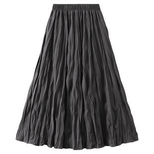 0838 肌理感复古百褶半身裙秋冬女中长款乱褶皱休闲A字裙显瘦百搭