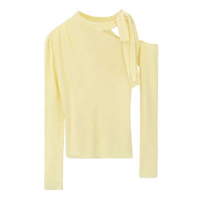 VIVICATHY2025秋浅黄修身长袖针织衫女设计感内搭蝴蝶结露肩上衣