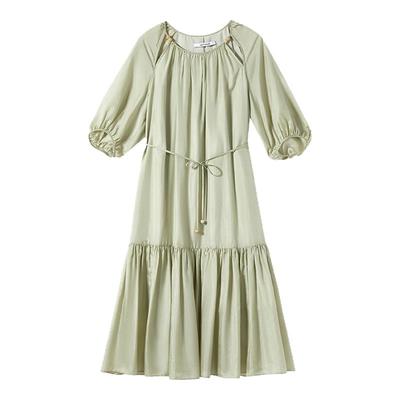 朗姿桑蚕丝真丝圆领插肩泡泡袖连衣裙2025年夏季法式淡人裙子