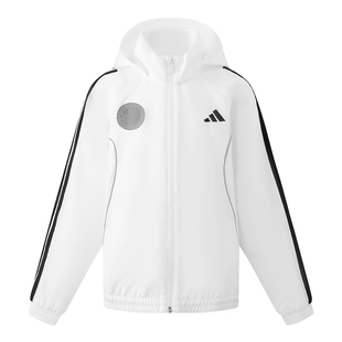 adidas阿迪达斯春季新款男大童装梭织夹克连帽外套白色薄款KC2542