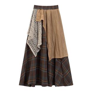 不规则复古半身裙女2025春秋新款格纹蕾丝拼接高腰松紧显瘦长裙子