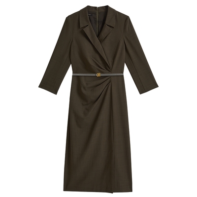 【佩普洛斯褶】YINER音儿2025春季新款法式西装V领仿麻感连衣裙