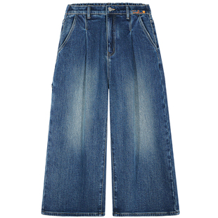 落落狷介牛仔裤女2025新款冬季加绒刺绣阔腿裤高腰小个子裤子保暖