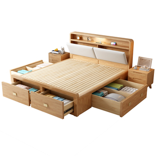 北欧全实木床1.8m单双人原木色1.35m气压高箱储物1.2米抽屉收纳床