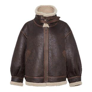 【明星同款】MOUSSY 冬季复古仿羊羔毛拼接皮衣028IAA30-1044