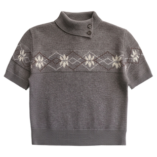 fragileheart易碎商店复古费尔岛针织衫叠穿上衣提花短袖立领毛衣