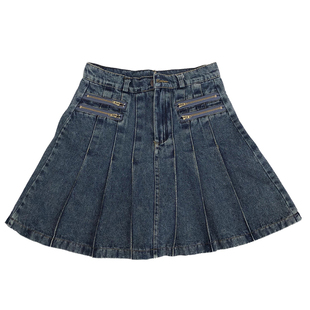 高腰百褶牛仔半身裙女夏季大码胖mm遮肚显瘦设计感a字包臀短裙子