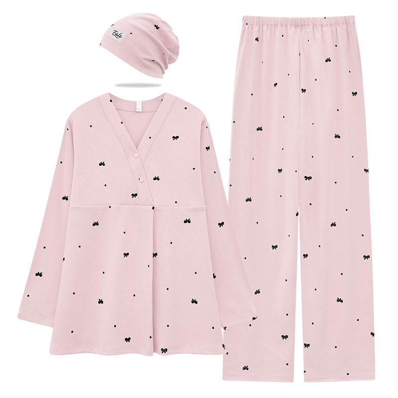 送月子帽带胸垫纯棉全棉月子服夏季薄款产妇孕妇哺乳睡衣吸汗套装