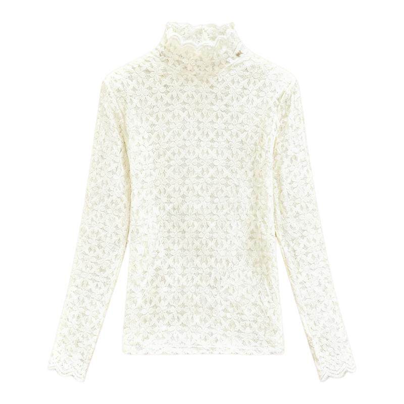 加绒加厚蕾丝打底衫女秋冬新款洋气内搭小衫高领磨毛网纱保暖上衣