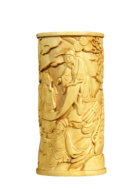 黄杨木雕唐太宗木质笔筒摆件